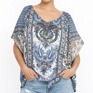 Cactus + Pearl Poncho Top Women XL Blue White Paisley Boho Kimono Chiffon Blouse